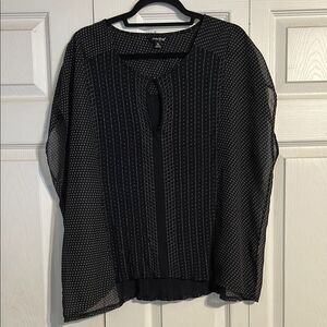 LUCKY BRAND Size X-Large Black White Mixed Media Blouse Stripe Floral Keyhole